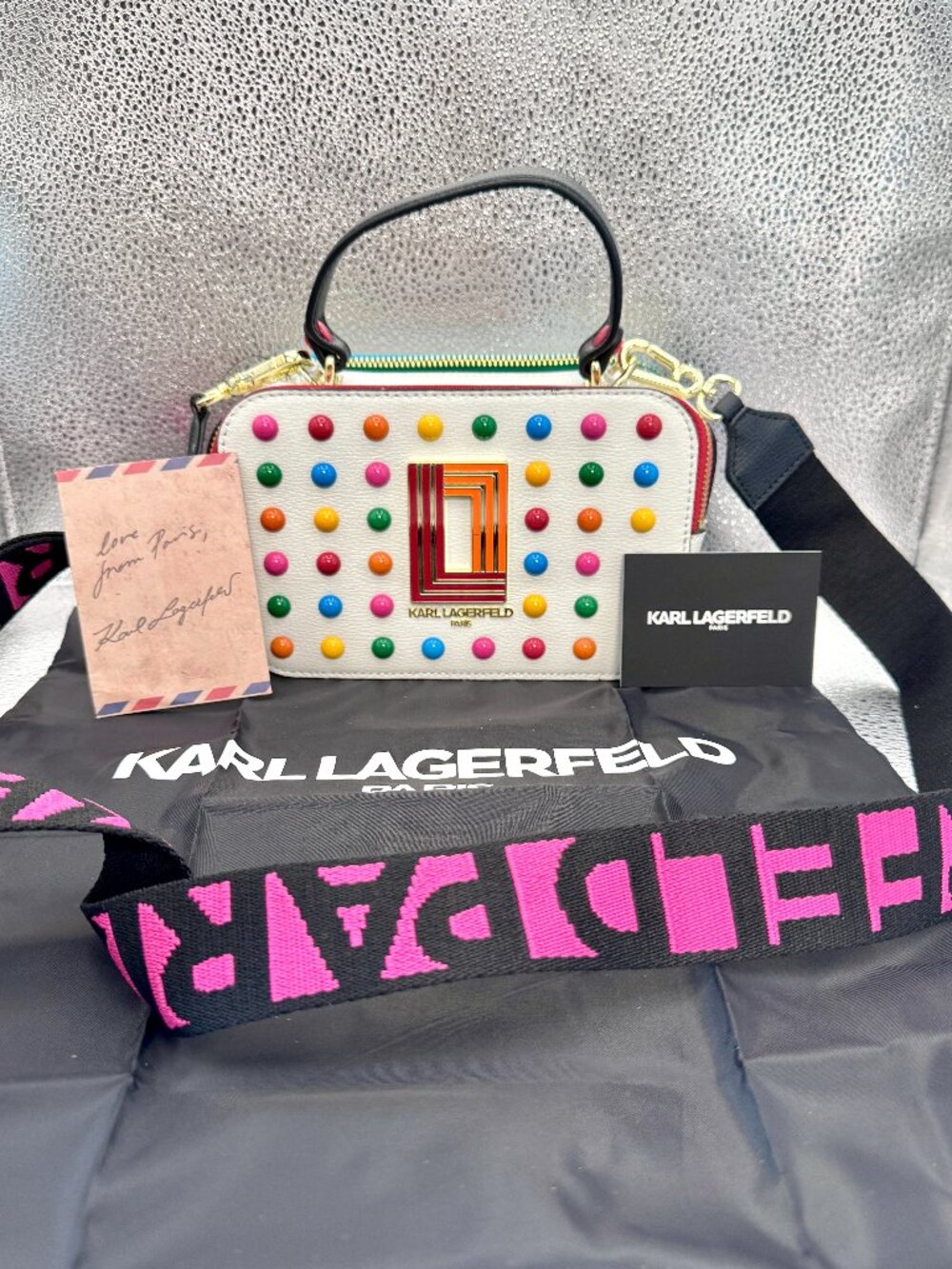 Karl Lagerfeld Simone White Leather Rainbow Color Dots Crossbody Purse Hand Bag